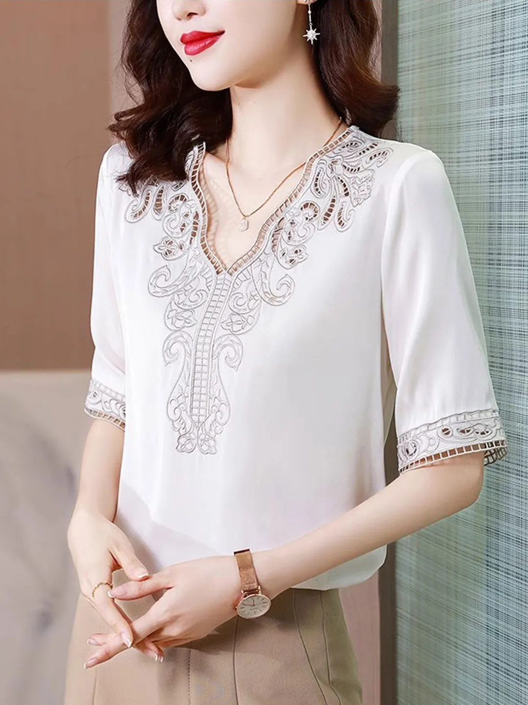 Maya Classic V-Neck Embroidered Satin Shirt