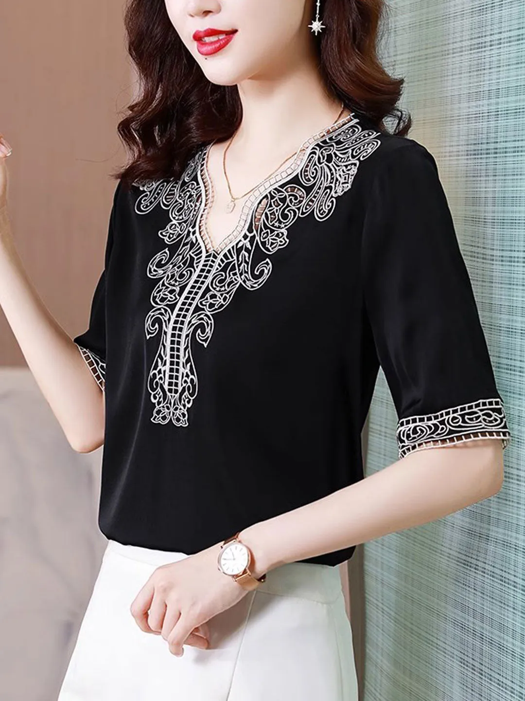 Maya Classic V-Neck Embroidered Satin Shirt