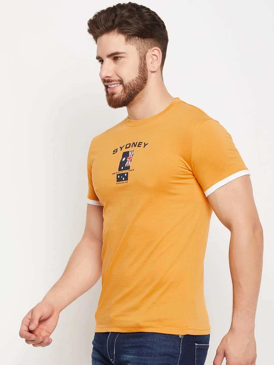 Men Mustard Round Neck T-Shirt