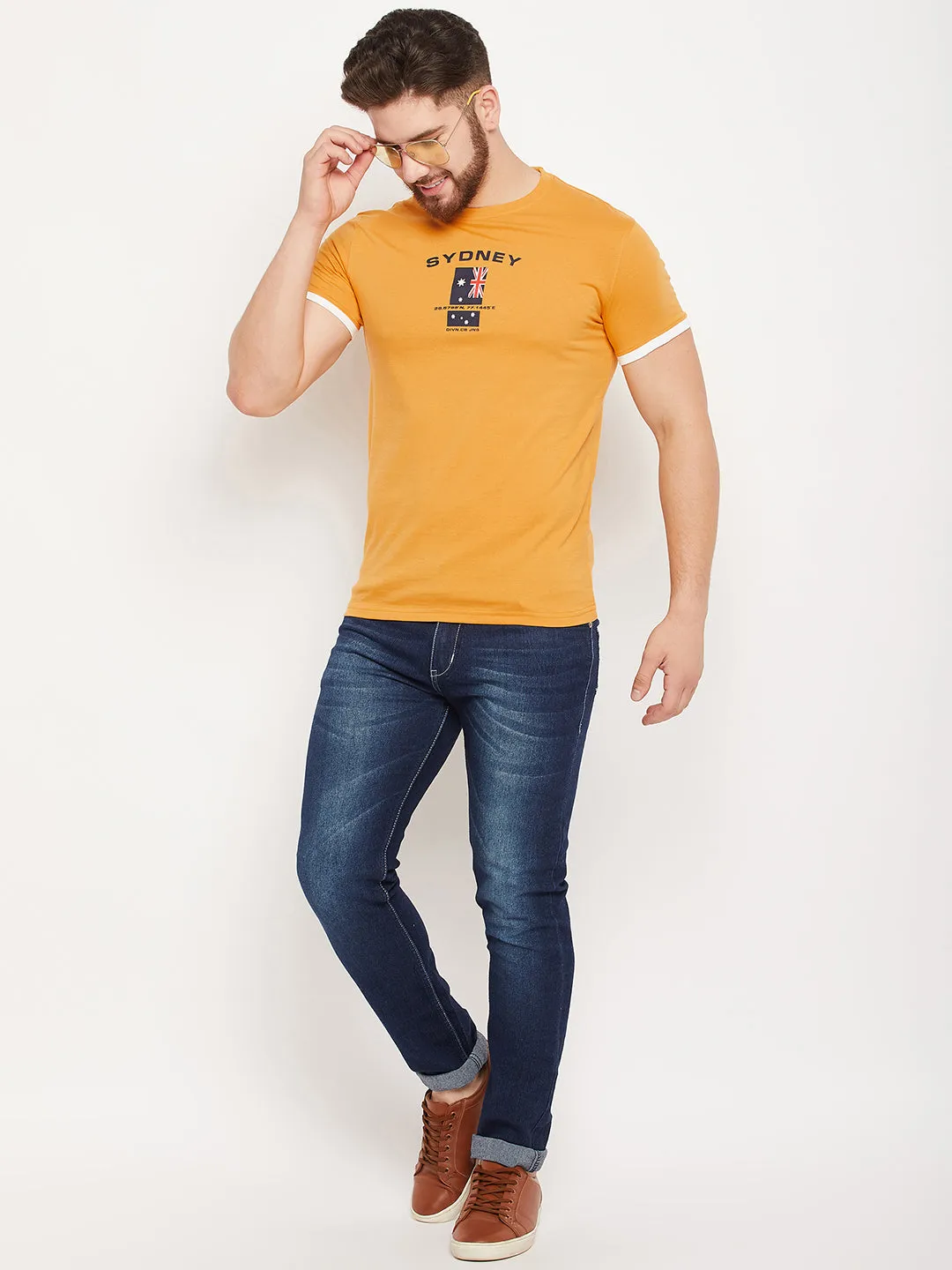 Men Mustard Round Neck T-Shirt