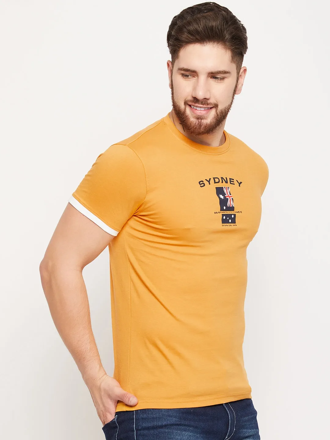 Men Mustard Round Neck T-Shirt