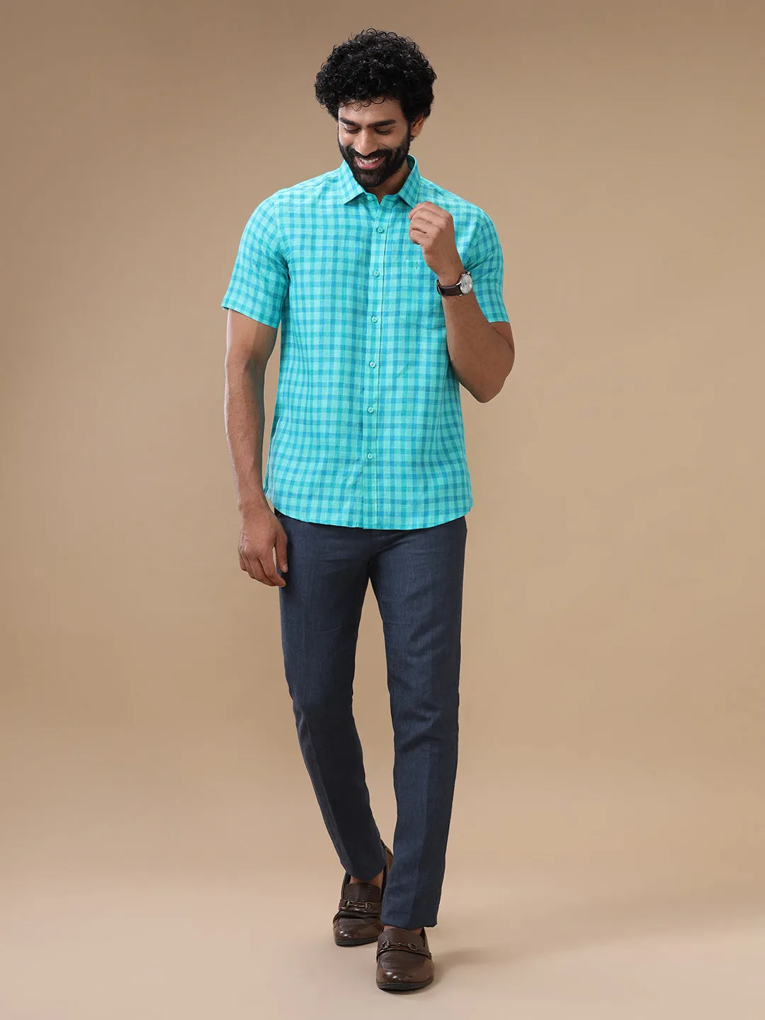 Men Pure Linen Green Checked Shirt - LS62