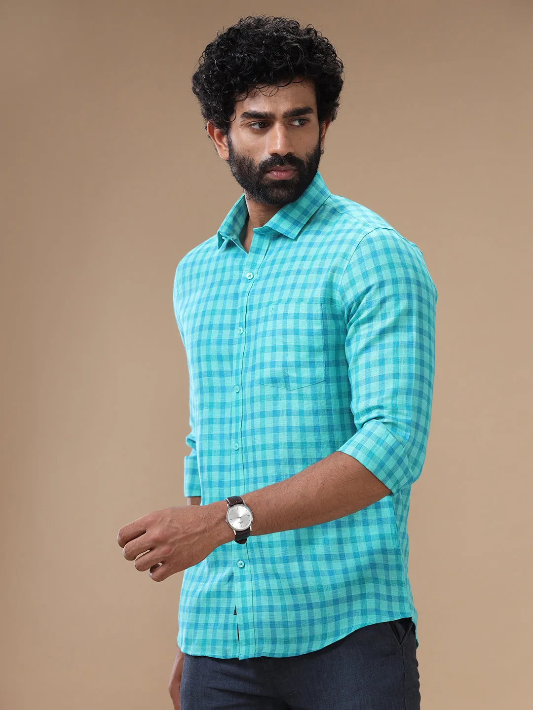 Men Pure Linen Green Checked Shirt - LS62