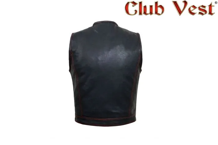 Mens Leather Club Vest With Black Liner & Snaps & Zipper Closure, CL-MV8007-ZIP-RT-NK-DL