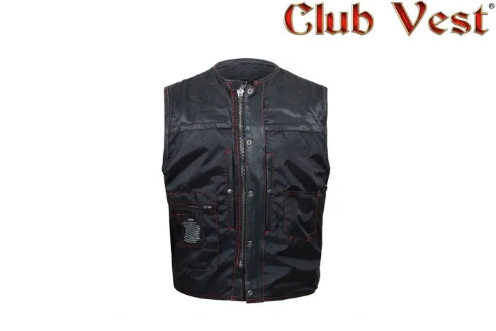 Mens Leather Club Vest With Black Liner & Snaps & Zipper Closure, CL-MV8007-ZIP-RT-NK-DL