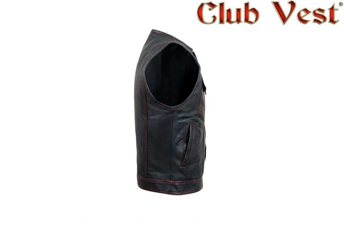 Mens Leather Club Vest With Black Liner & Snaps & Zipper Closure, CL-MV8007-ZIP-RT-NK-DL