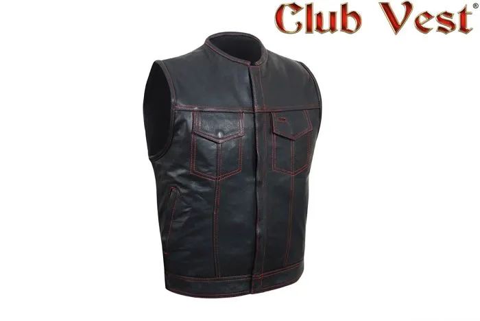 Mens Leather Club Vest With Black Liner & Snaps & Zipper Closure, CL-MV8007-ZIP-RT-NK-DL