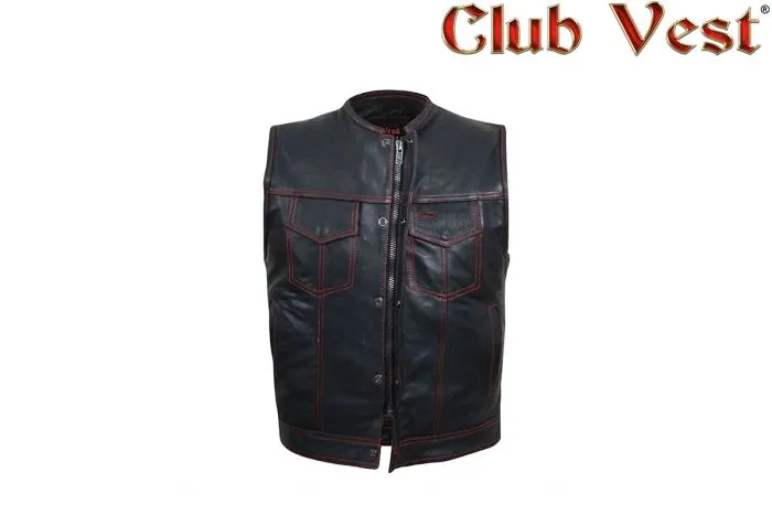 Mens Leather Club Vest With Black Liner & Snaps & Zipper Closure, CL-MV8007-ZIP-RT-NK-DL