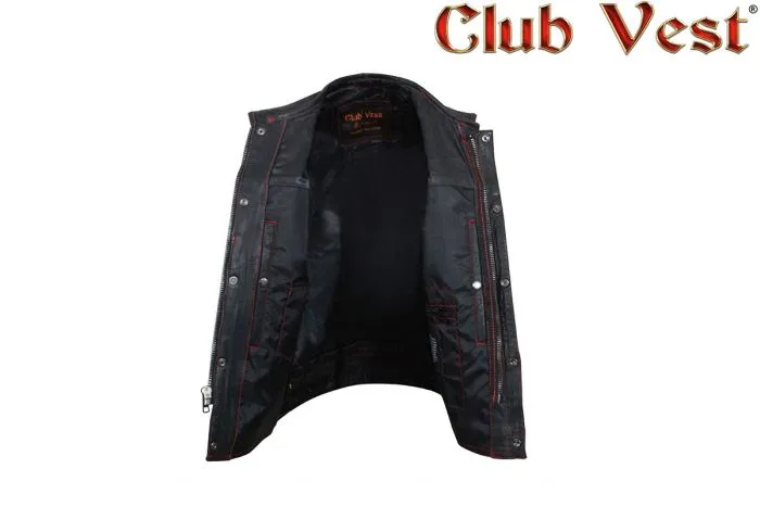 Mens Leather Club Vest With Black Liner & Snaps & Zipper Closure, CL-MV8007-ZIP-RT-NK-DL