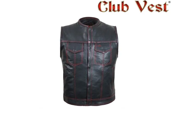 Mens Leather Club Vest With Black Liner & Snaps & Zipper Closure, CL-MV8007-ZIP-RT-NK-DL