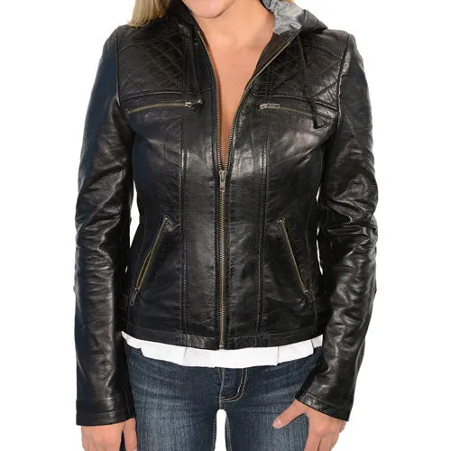 Milwaukee Leather SFL2810 Women's Black Scuba Style Fashion Leather Jacket with Drawstring and Hoodie