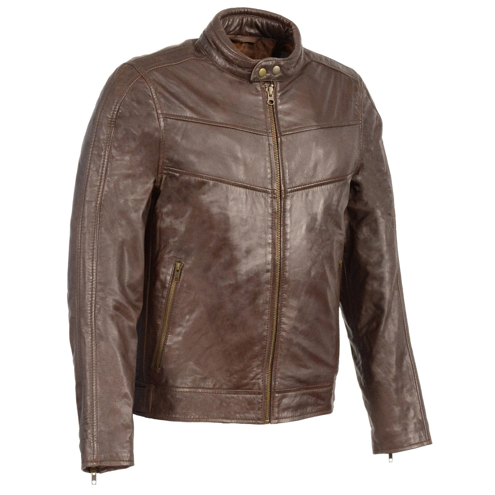 Milwaukee Leather-SFM1835-Men's Brown Leather Stand Up Collar Leather Jacket with Side Buckles & Lower Back Padding