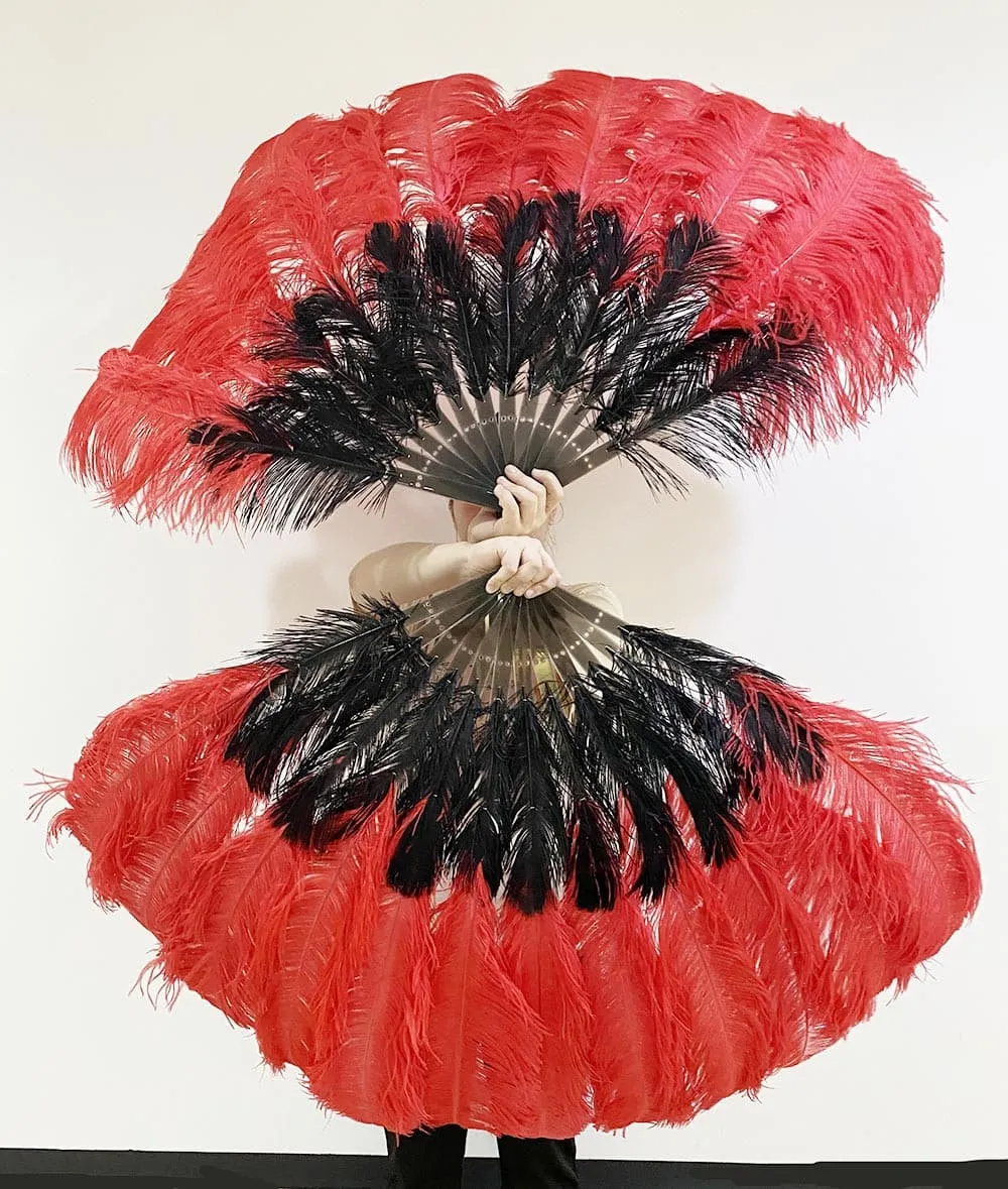 Mix black & red 2 Layers Ostrich Feather Fan 30''x 54'' with Travel leather Bag