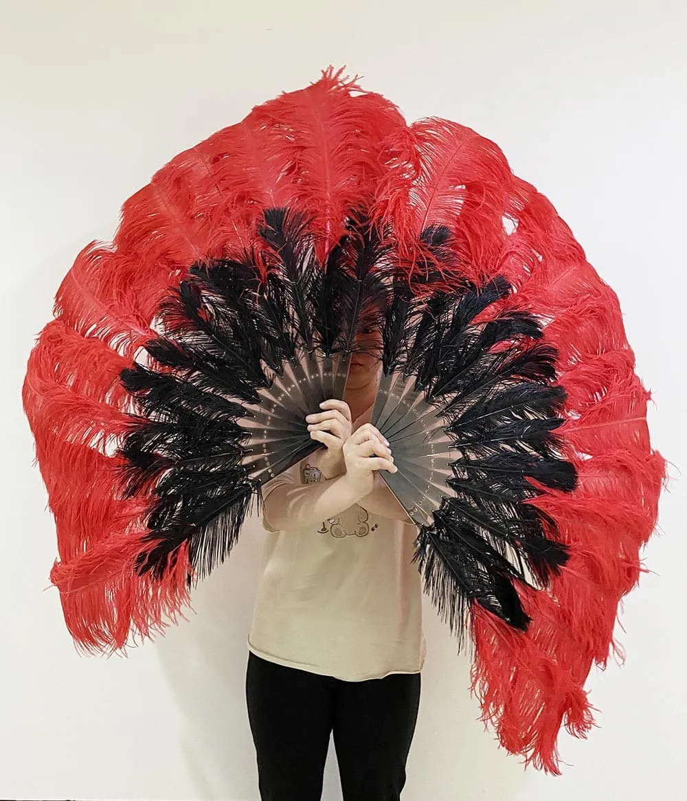 Mix black & red 2 Layers Ostrich Feather Fan 30''x 54'' with Travel leather Bag