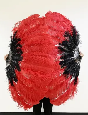 Mix black & red 2 Layers Ostrich Feather Fan 30''x 54'' with Travel leather Bag