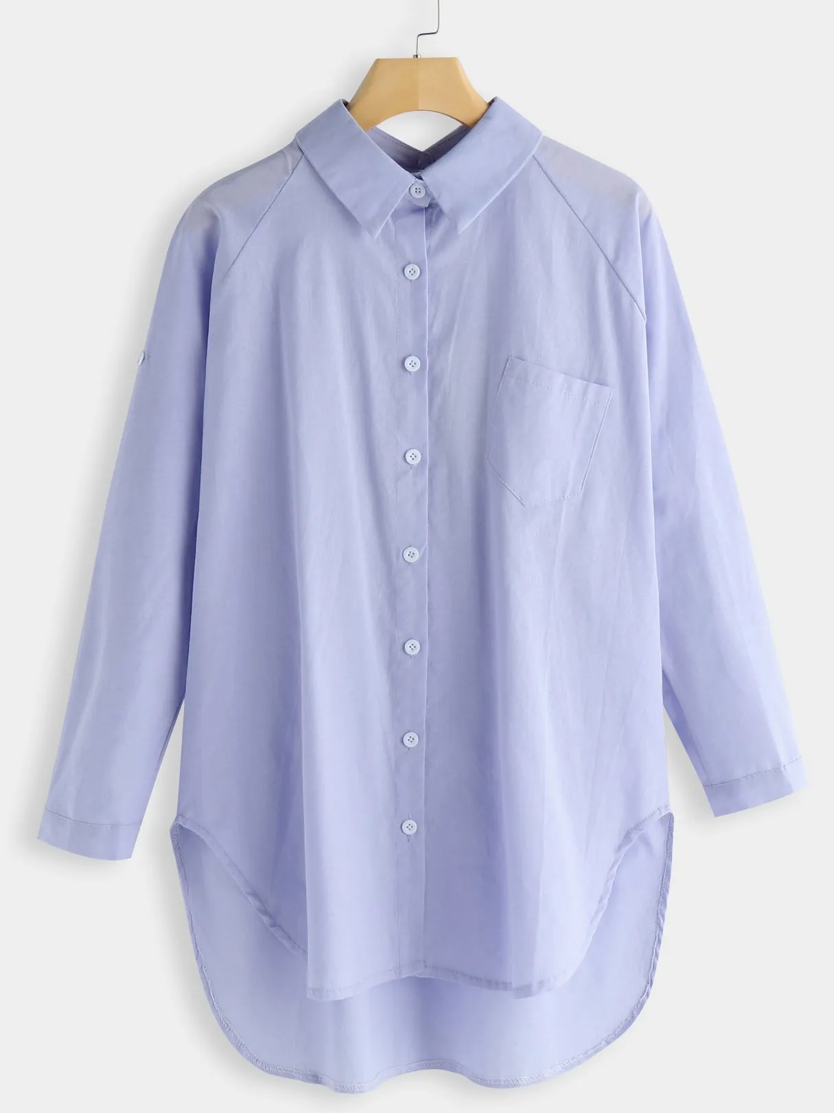 OEM ODM Classic Collar Long Sleeve Irregular Curved Hem Light Blue Blouses