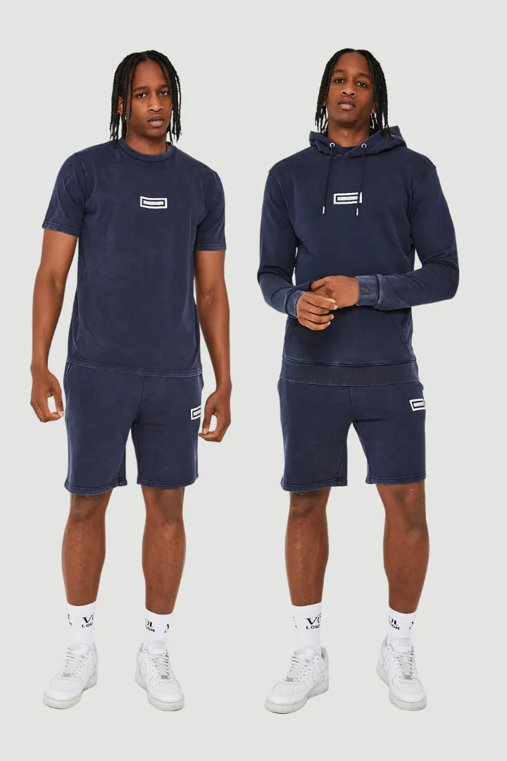 Orton Street Acid Wash Hoodie, T-Shirt & Shorts Set - Navy