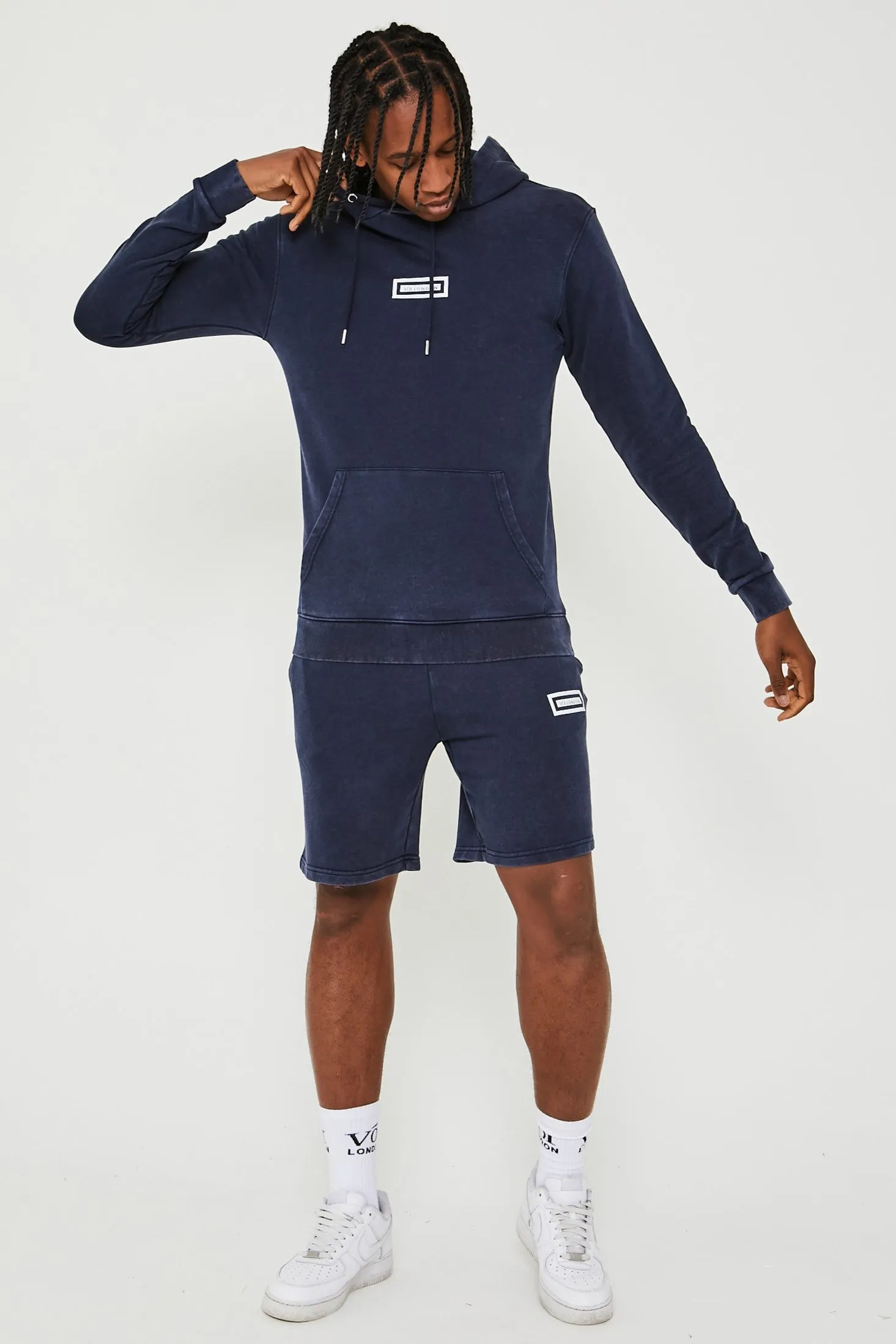 Orton Street Acid Wash Hoodie, T-Shirt & Shorts Set - Navy