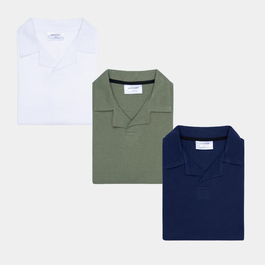 Pack of 3 Revere Polo Shirts - White, Waffle Green & Navy Blue