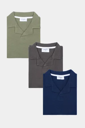 Pack of 3 Waffle Revere Polo Shirts - Olive Drop Needle, Heather Grey & Navy Blue