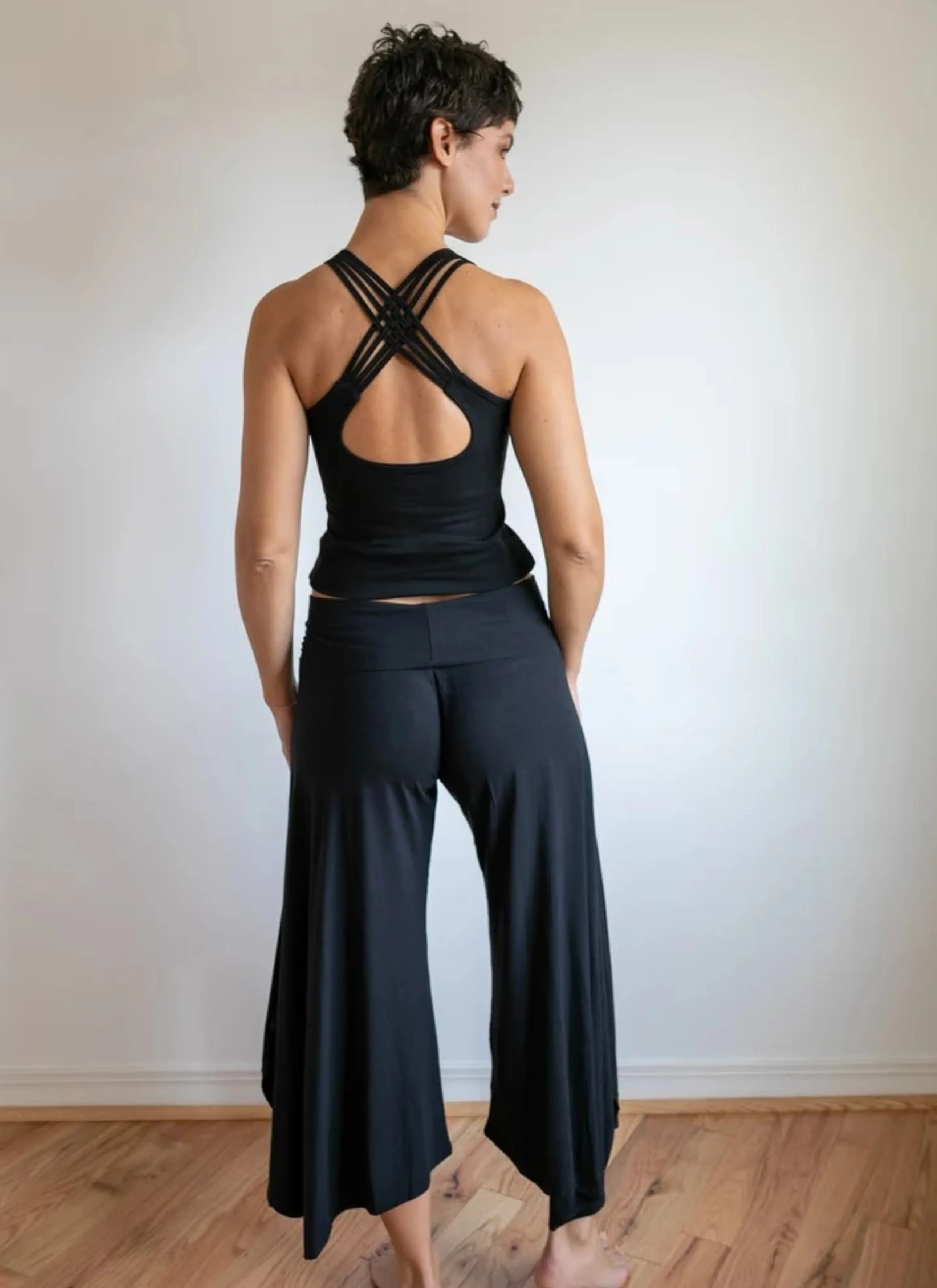 Paris Wide Leg High Waist Gaucho Pants with Fold Over Waistband in Black