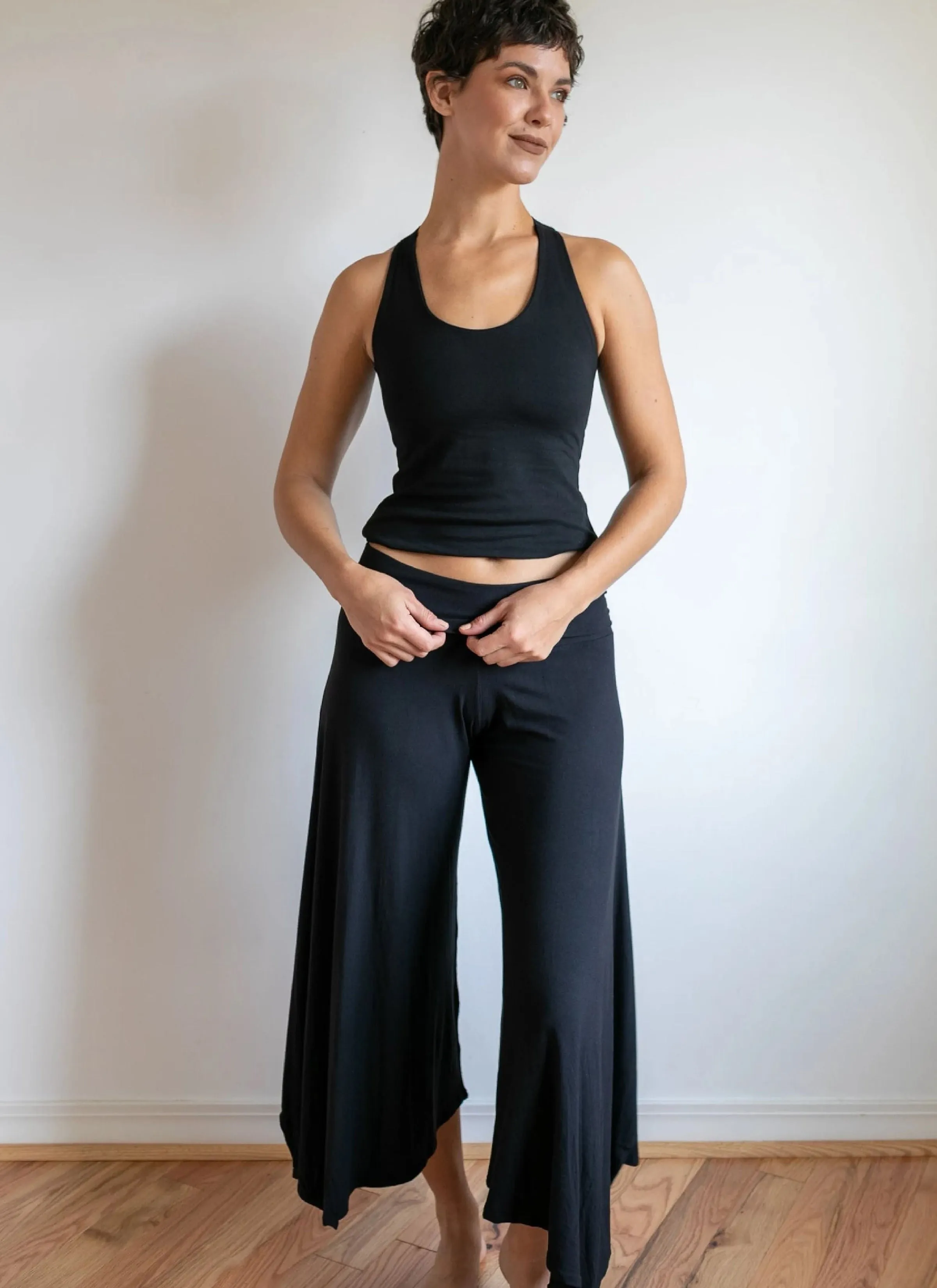 Paris Wide Leg High Waist Gaucho Pants with Fold Over Waistband in Black