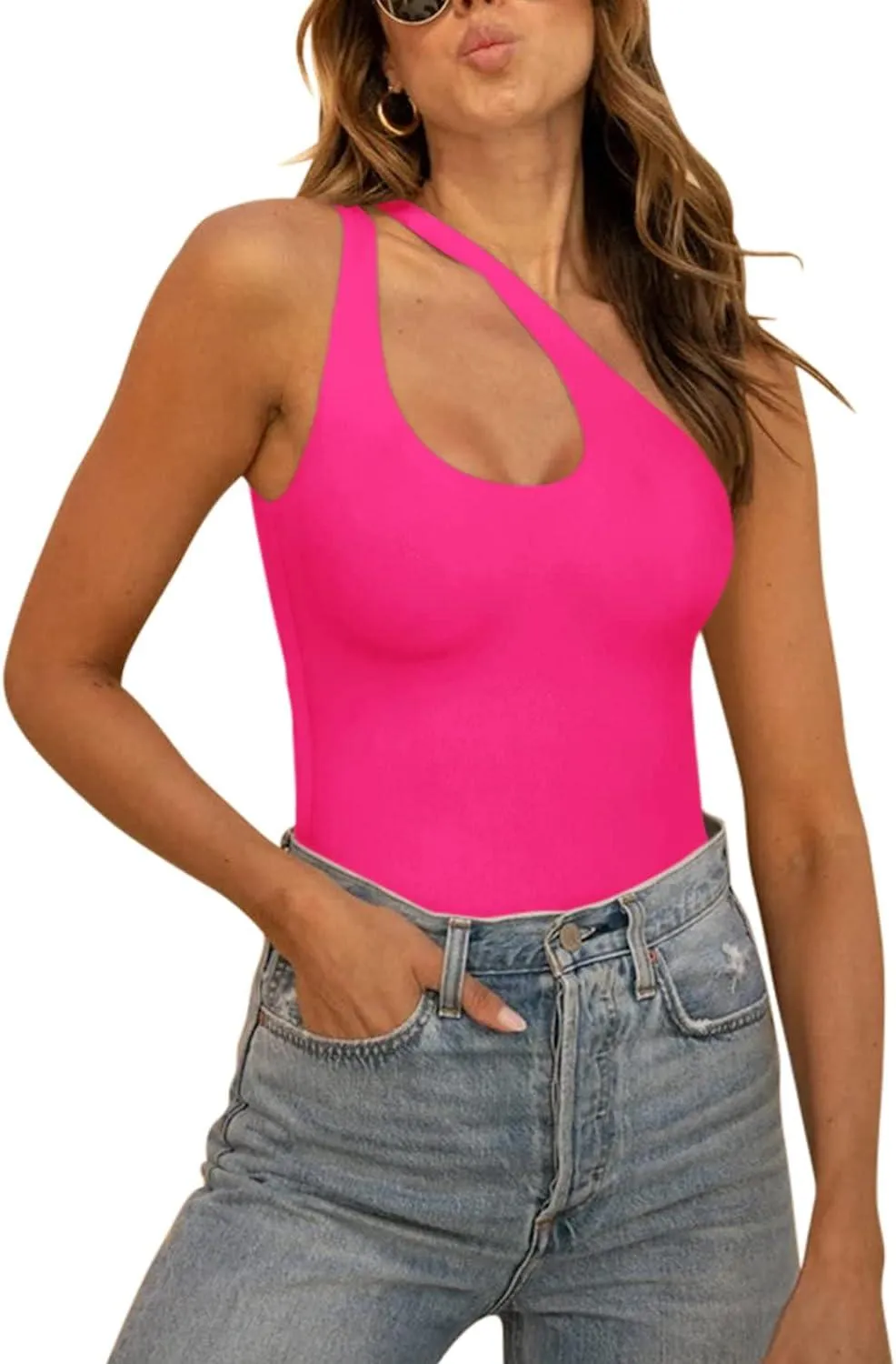 Plunge One Shoulder Sleeveless V Backless Tank Bodysuits Tops