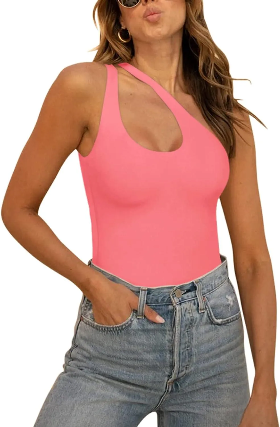 Plunge One Shoulder Sleeveless V Backless Tank Bodysuits Tops