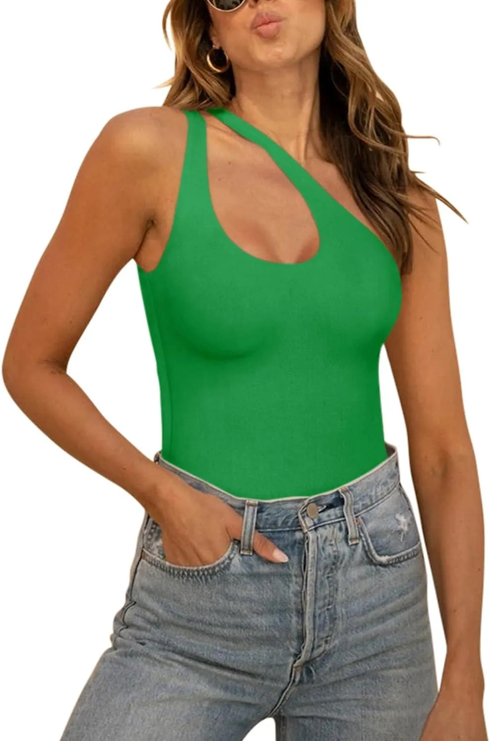 Plunge One Shoulder Sleeveless V Backless Tank Bodysuits Tops