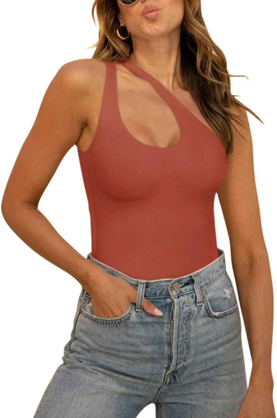 Plunge One Shoulder Sleeveless V Backless Tank Bodysuits Tops