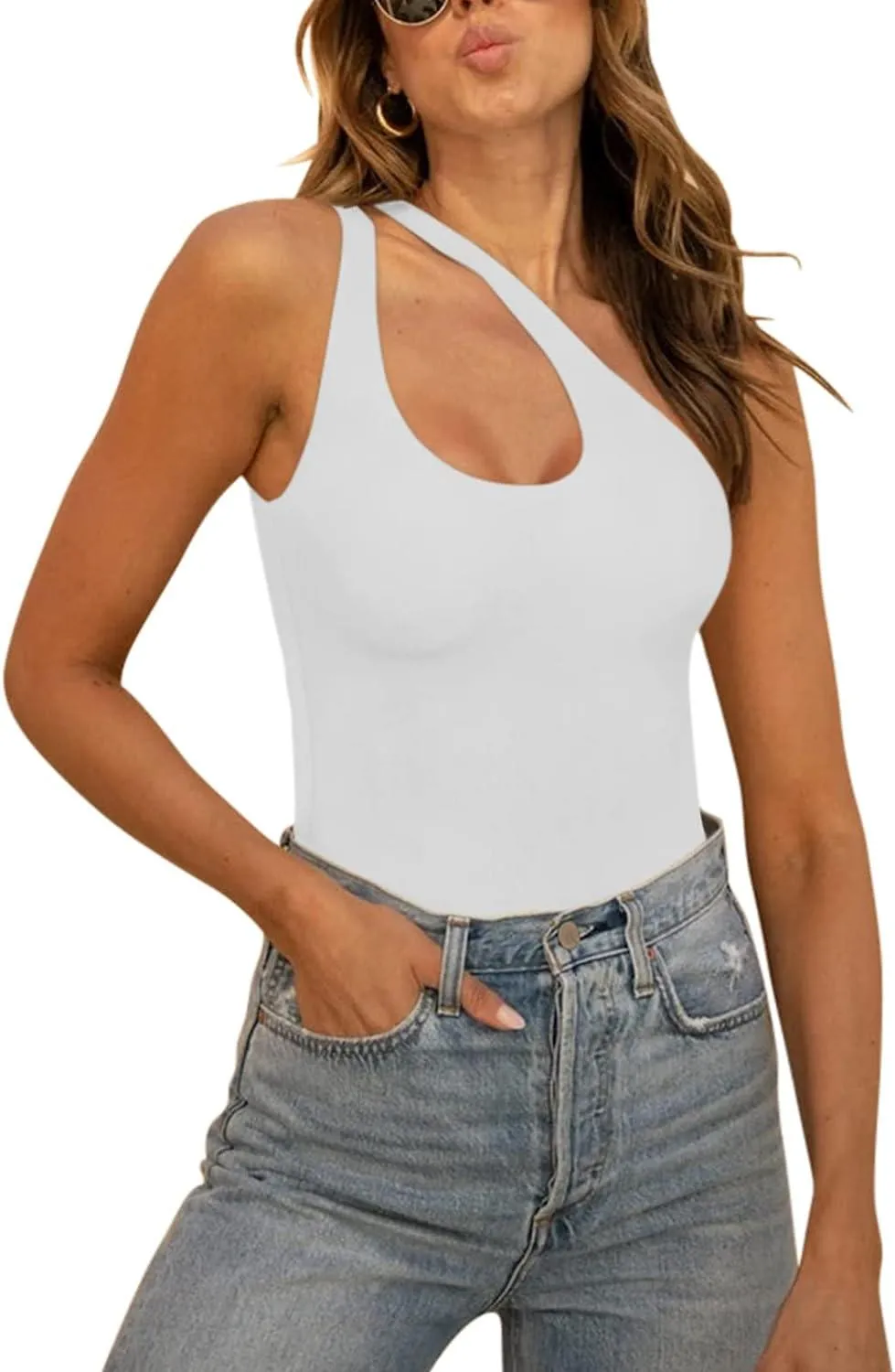 Plunge One Shoulder Sleeveless V Backless Tank Bodysuits Tops