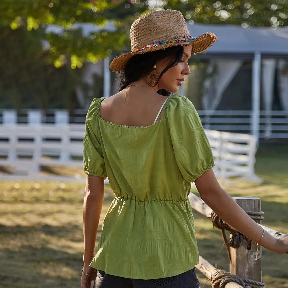 Puff Sleeve V-neck Short Sleeve Tops Blouse