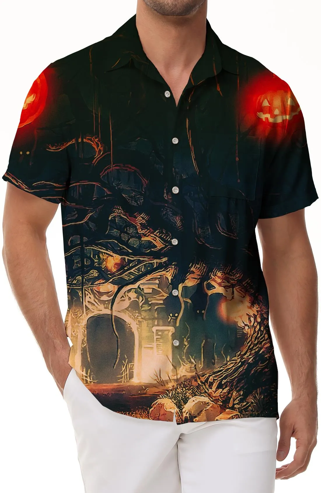 Retro Horror Atmosphere Halloween Style Men's Shirt Button 3D Printed Pattern Suitable for Summer Beach