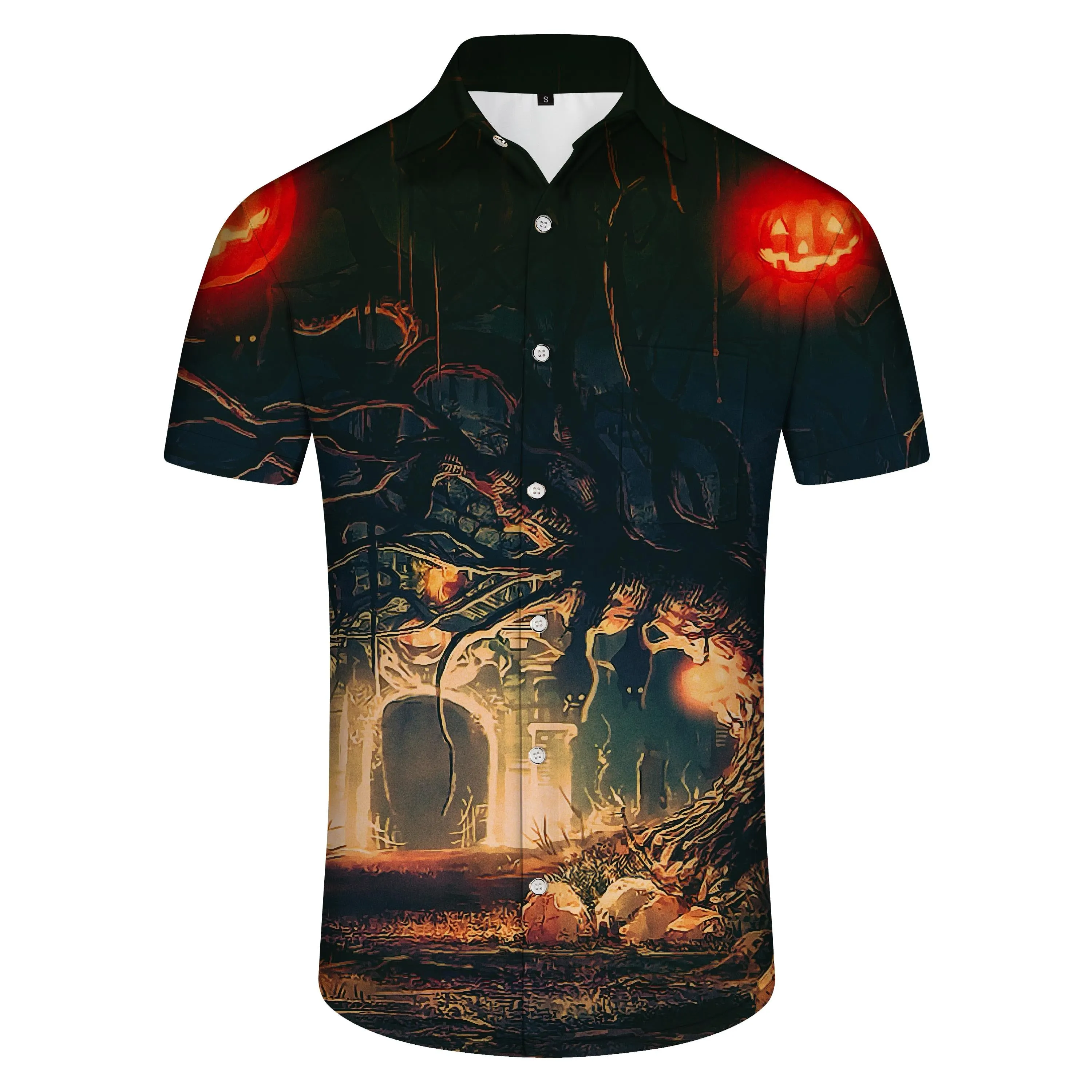 Retro Horror Atmosphere Halloween Style Men's Shirt Button 3D Printed Pattern Suitable for Summer Beach