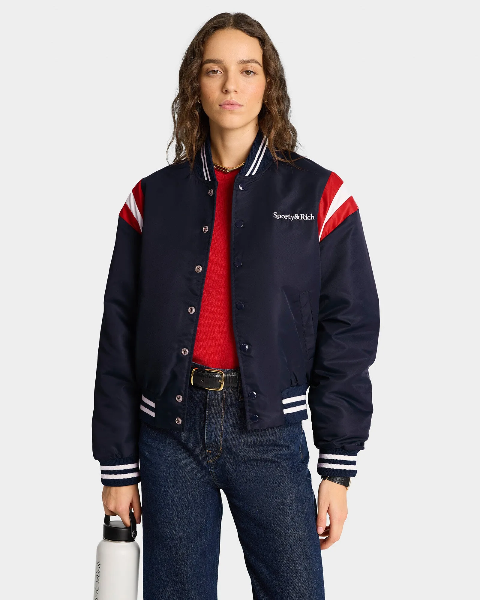 Serif Logo Varsity Jacket - Navy/White/Red