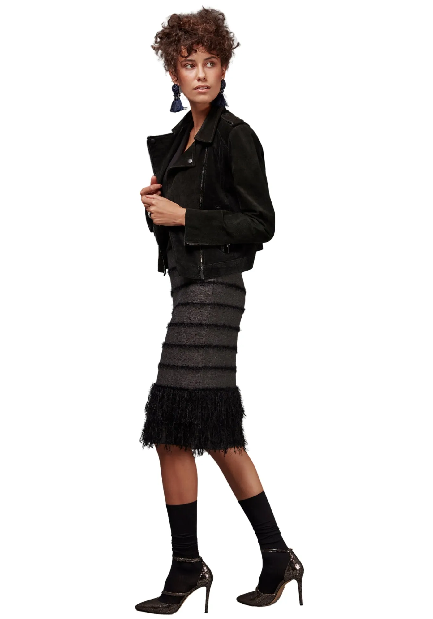 Stretchy Elastic Waist Knitted Black Pencil Skirt with Tassels