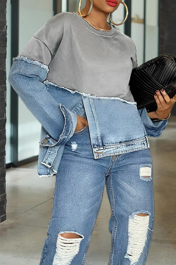 Stylish Irregular Hem Denim Patch Sweatshirt