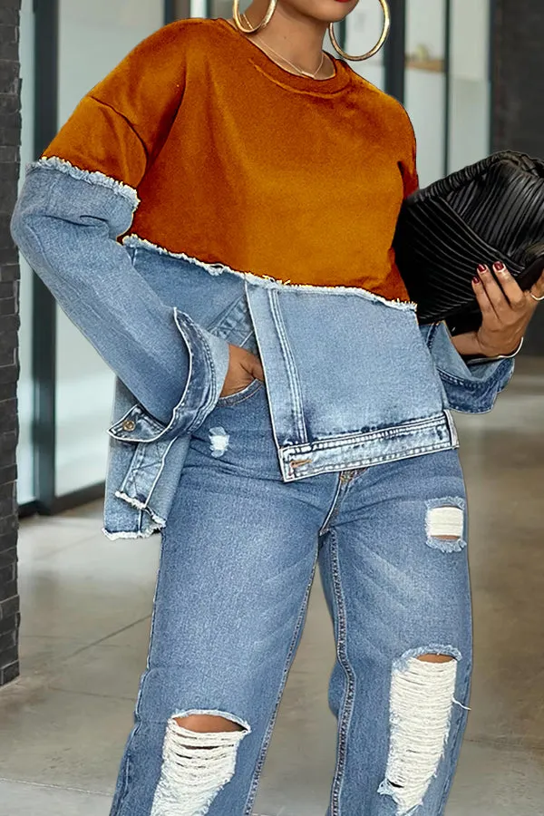 Stylish Irregular Hem Denim Patch Sweatshirt