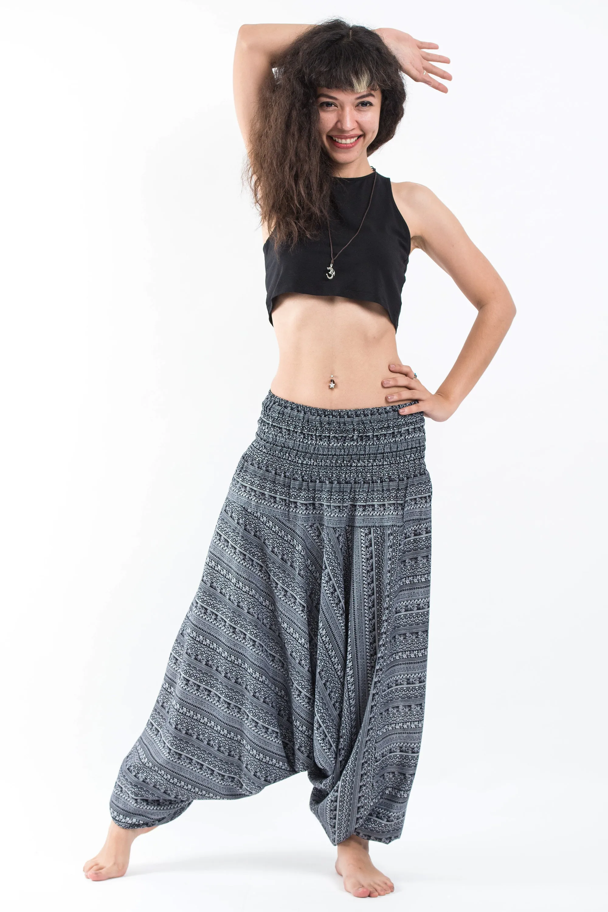 Unisex Aztec Stripes Drop Crotch Jumpsuit Harem Pants in Black