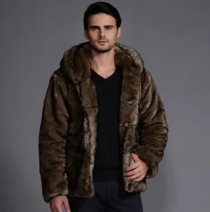 Winter autumn thicken thermal faux fur leather jackets men casual mens horn button hooded coats