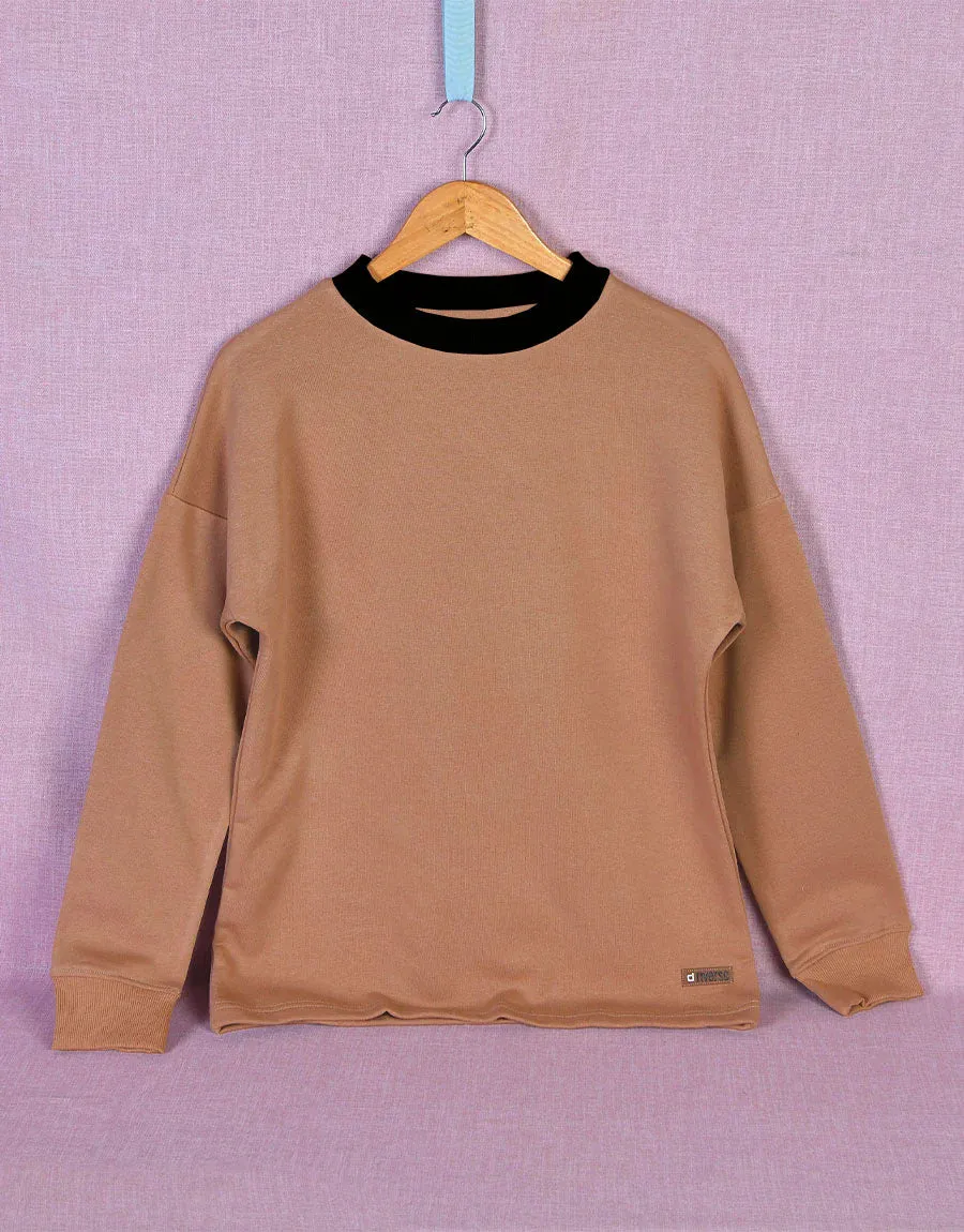 Women Crew Neck Full Sleeve Terry Fleece Sweatshirt-Beige