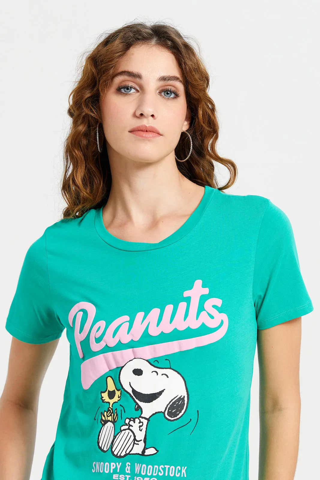 Women Green Peanuts Embroidered T-Shirt