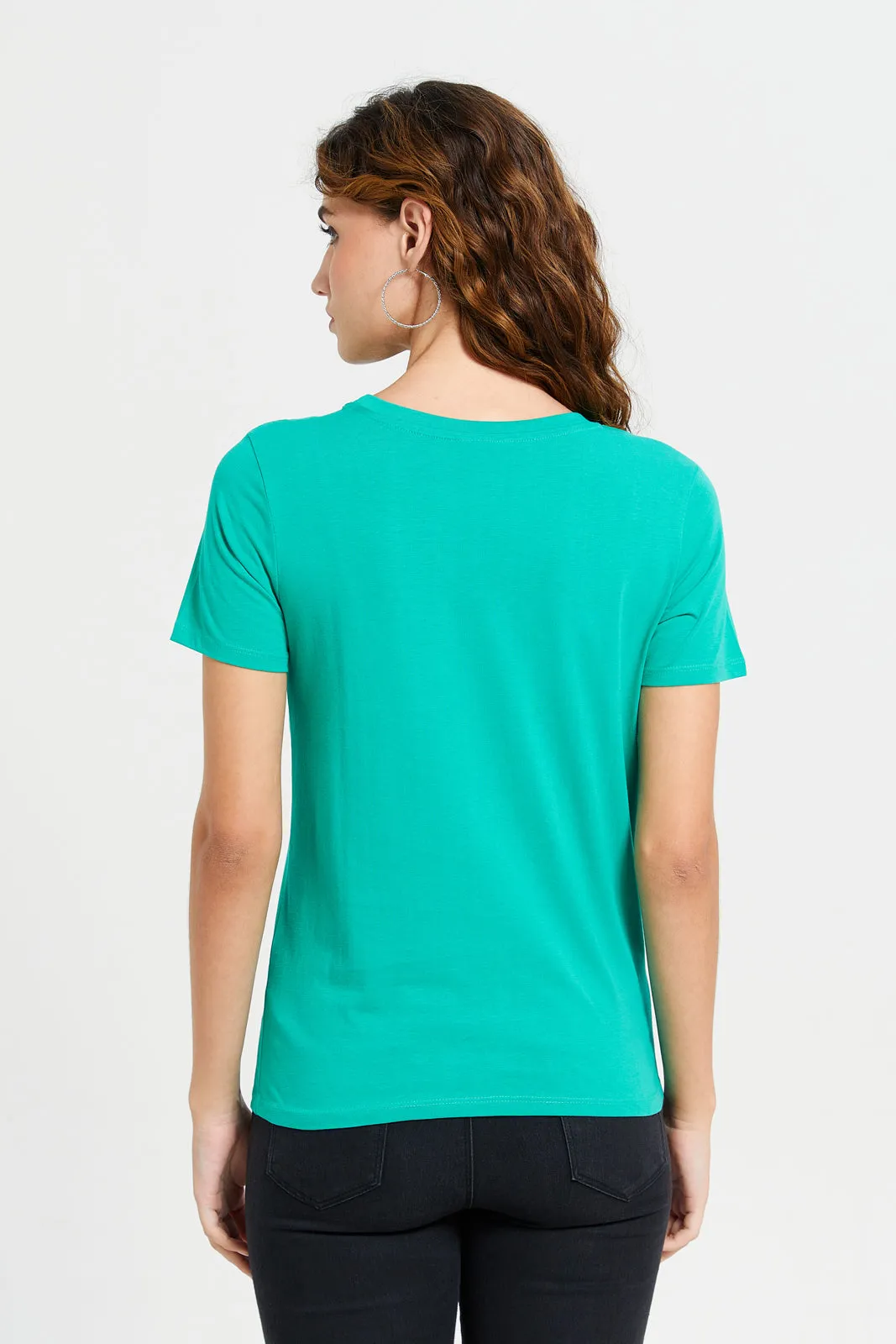 Women Green Peanuts Embroidered T-Shirt