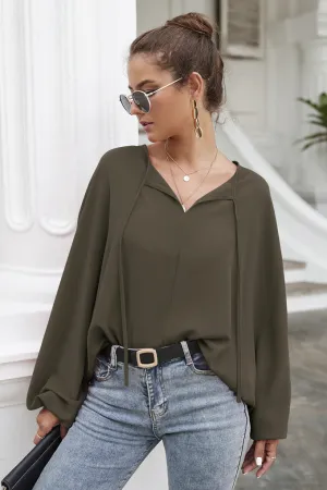 Women's Casual Loose Shirt Balloon Sleeve V-Neck Blouse Top