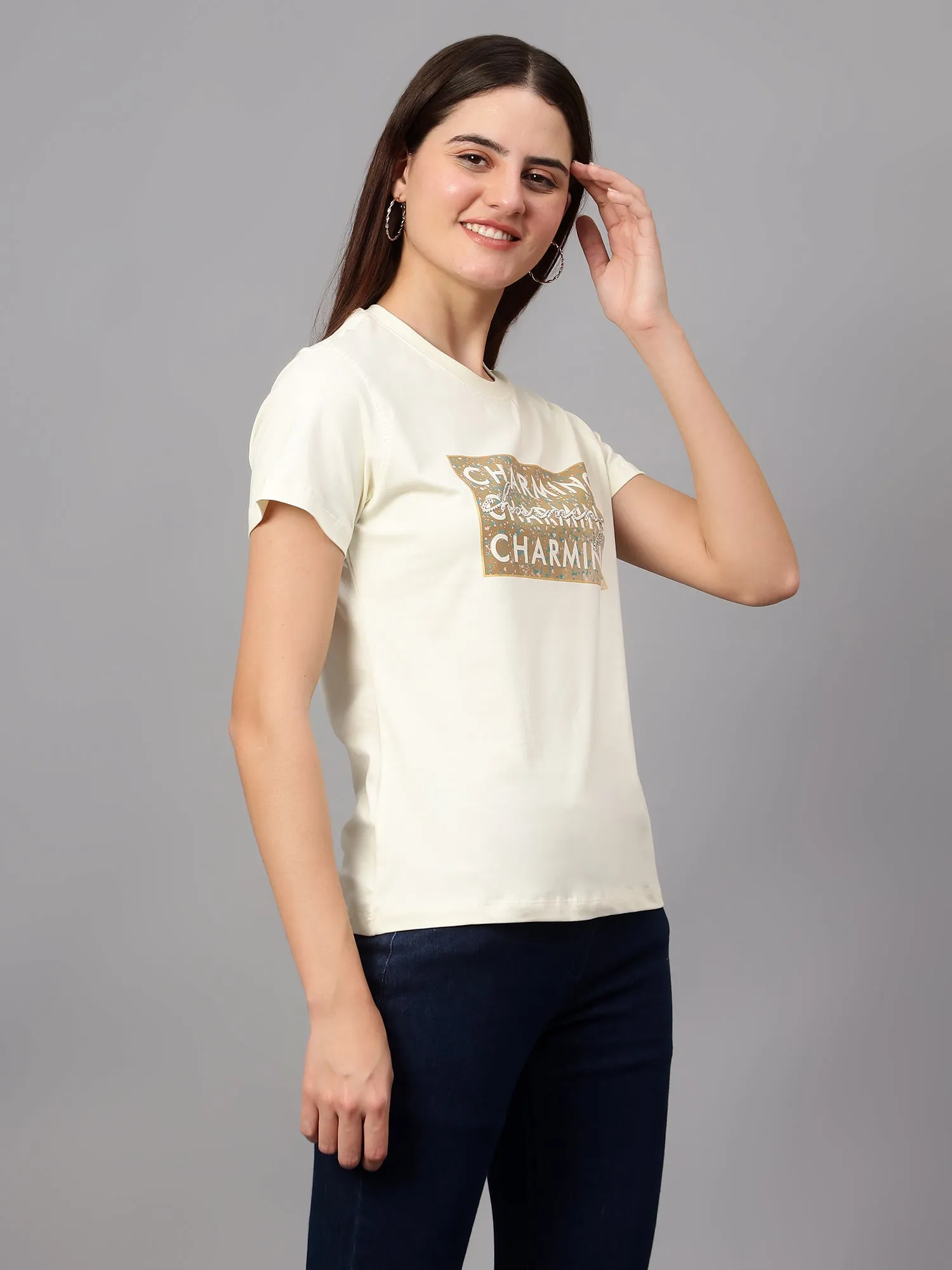 Women's Casual Regular Short Sleeve Butter Round neck Typographic Print T-Shirt