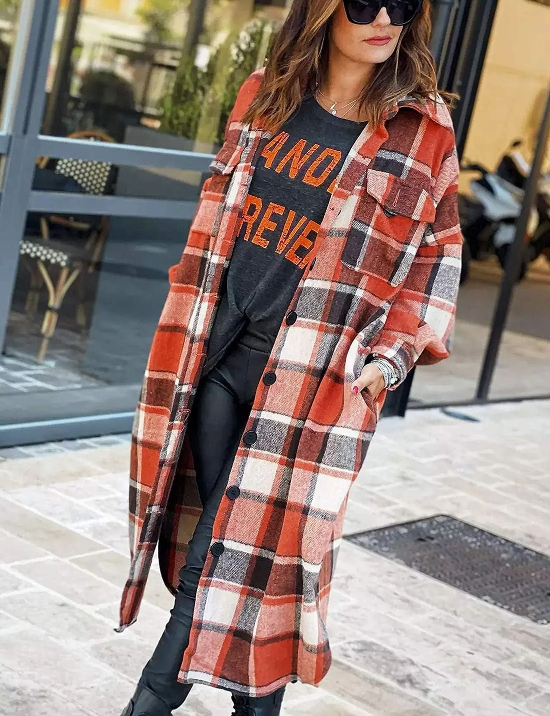 Women's Lounge Lapel Button up Long Sleeve Plaid Shirt Jacket