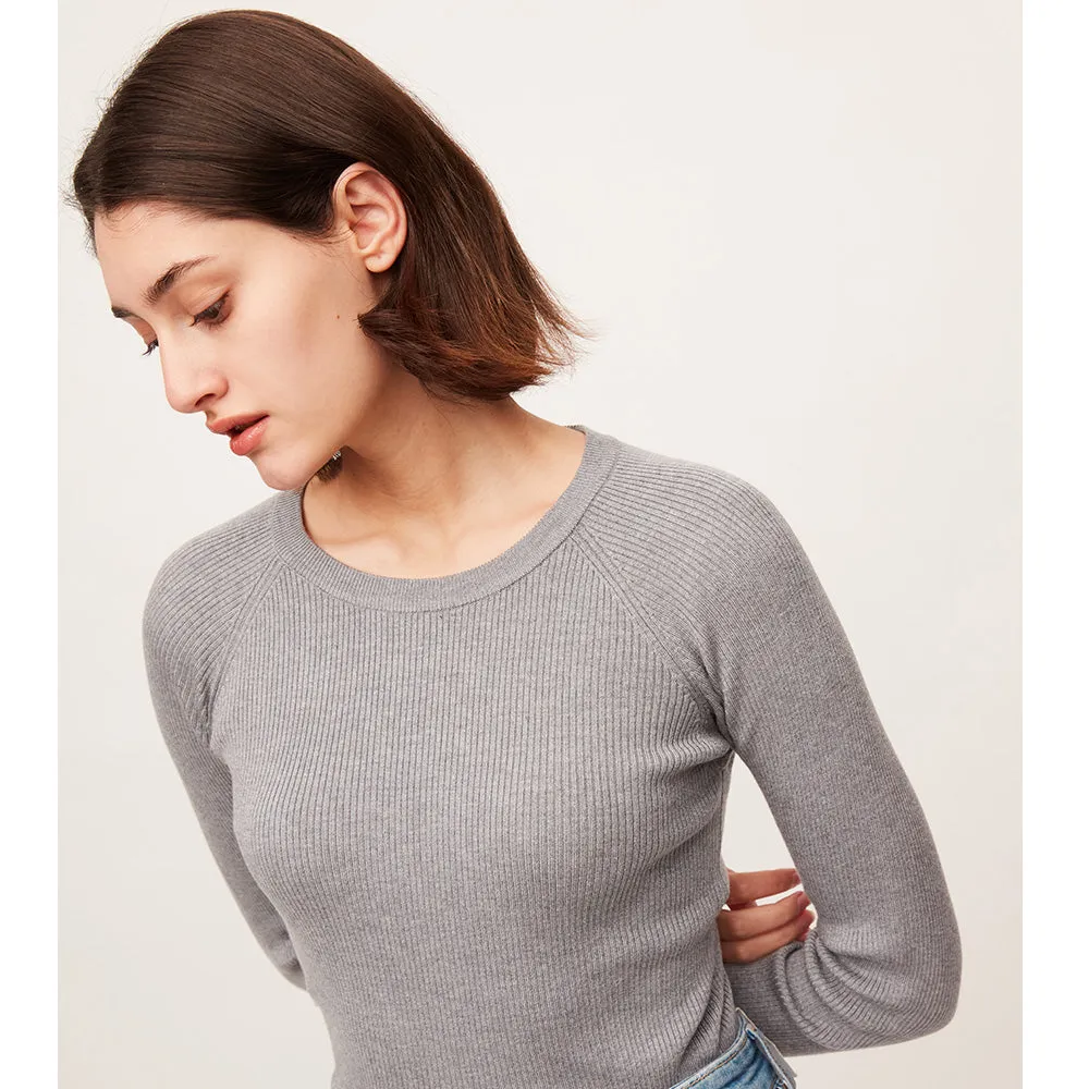 Women's Round Collar Shirt Long Sleeve Slim Fit Knit Pullovers Tops