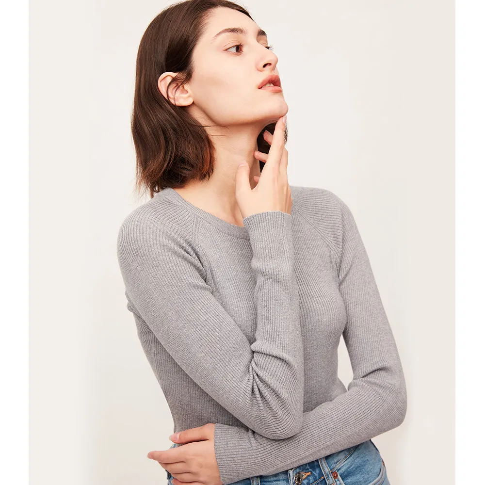 Women's Round Collar Shirt Long Sleeve Slim Fit Knit Pullovers Tops