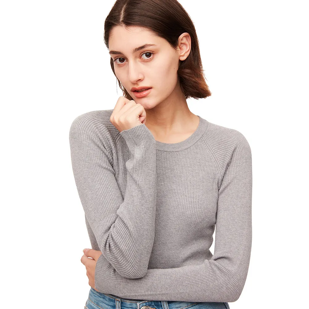 Women's Round Collar Shirt Long Sleeve Slim Fit Knit Pullovers Tops